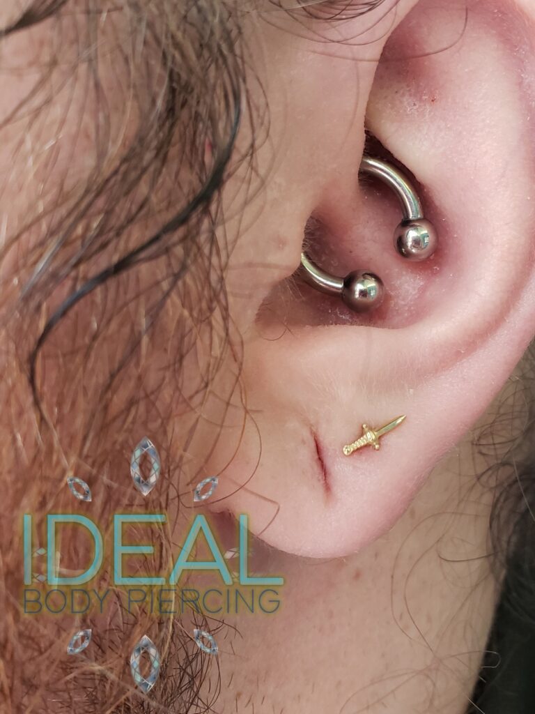 A close up of a person 's ear with their piercing