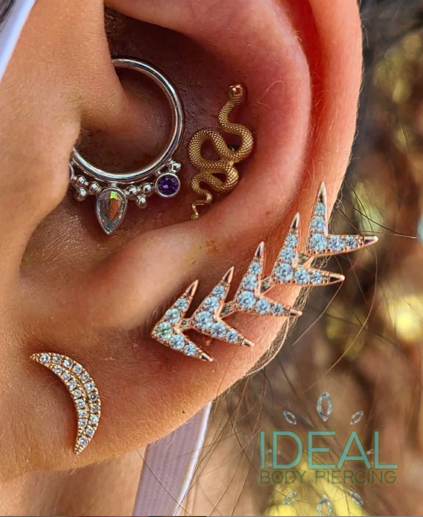 A close up of ear piercings with different types of jewelry